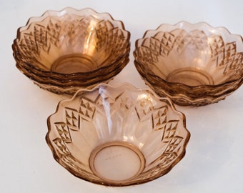 Unique brown amber soviet vintage glass bowls. Pressed colour glass bowls, Soviet Neman glass manufacture bowls, 1970s, Ice cream bowl