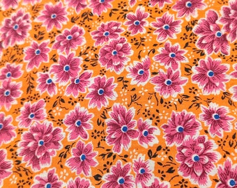 Orange and pink floral print cotton fabric, vintage cotton fabric, shirt or dress cotton fabric