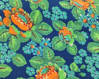 Orange, green and blue floral print cotton fabric, vintage cotton fabric, shirt or dress cotton fabric