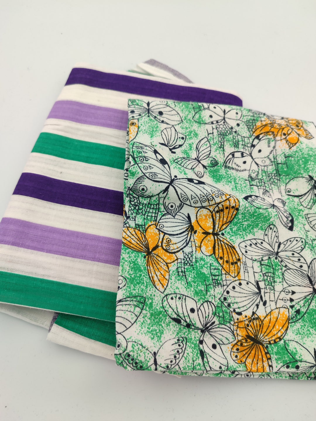 Set of Two Vintage Fabrics for Quilting, Fun Stripes and Butterfly