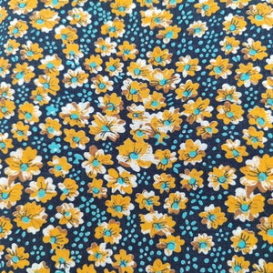 Vintage Floral Print Cotton Fabric: Yellow & Blue, Thin Material