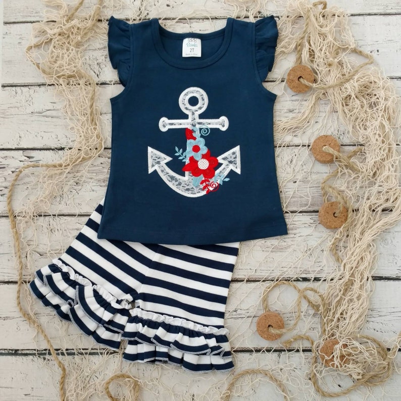 monogram shirt beach outfit anchor shirt nautical outfit Patriotic outfit girls summer outfit girls 4th of July outfi ruffle shorts