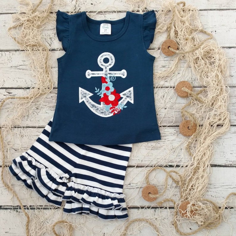 monogram shirt beach outfit anchor shirt nautical outfit Patriotic outfit girls summer outfit girls 4th of July outfi ruffle shorts
