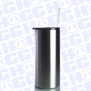 May include: A stainless steel tumbler with a black lid and a clear straw. The tumbler is silver and has a smooth, polished finish.