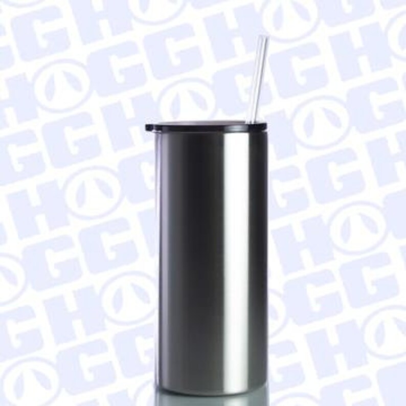 May include: A stainless steel tumbler with a black lid and a clear straw. The tumbler is silver and has a smooth, polished finish.