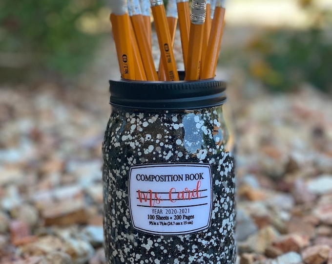 Featured listing image: Glittered Personalized composition Book inspired mason jar, pint size 16oz, teacher gift, end of the year