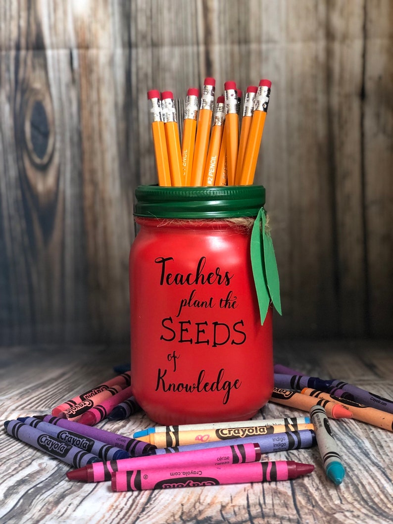 Teacher Apple Pencil Holder Mason Jar Pint Size 16 Oz Etsy