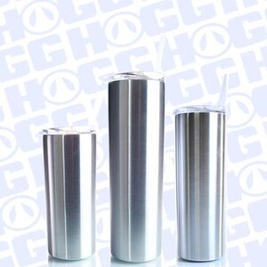 May include: Three stainless steel tumblers with lids and straws. The tumblers are different sizes, with the smallest being about 12 ounces, the middle being about 20 ounces, and the largest being about 30 ounces.