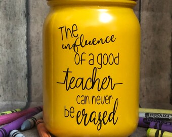 Hand Painted Mason Jar Pencil Holder, Teacher Gift