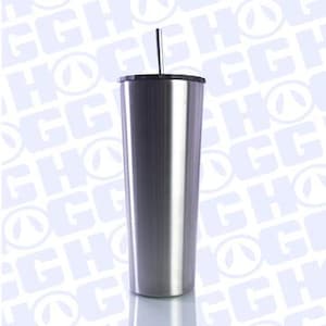 May include: A stainless steel tumbler with a black lid and a straw. The tumbler is tall and slender, with a brushed finish.