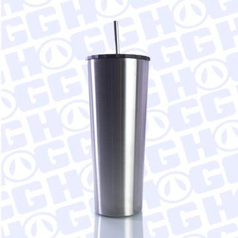 May include: A stainless steel tumbler with a black lid and a straw. The tumbler is tall and slender, with a brushed finish.