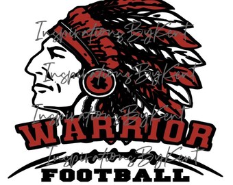 May include: A black and red illustration of an American Indian warrior wearing a feathered headdress. The text "WARRIOR FOOTBALL" is below the image.