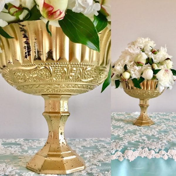 Glass Gold Arrangement Weddings Centerpeices Floral Centrepieces Wedding Gold Votives Candle Holder Compote Pedestal Vase Mercury Glass