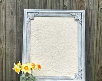 Antique Intricate Silver Gold Framed Burlap Corkboard Cork Board Lace Fabric Seating Chart Escort Cards Wedding Decor