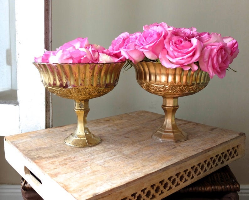 Floral Glass Vase Compote Glass Pedestal Vase Wedding - Etsy