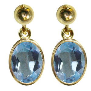 9 Karat Gelbgold Natürlicher Blauer Topas Oval Single Drop Baumelnde Bolzen-Ohrringe Hochwertige britische Schmuck