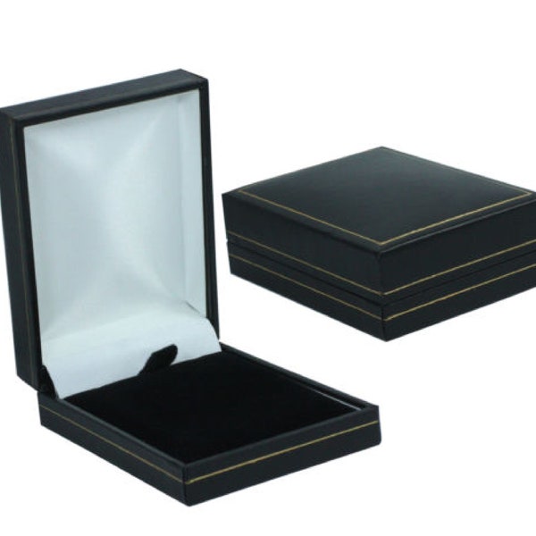 Black Leatherette & Velvet Pendant, Necklace, Dropper Earring Jewellery Gift Presentation Box Gold Stripe New Very High Quality