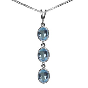 9ct White Gold Natural Blue Topaz Triple Drop Oval Pendant & Necklace High Quality British Made Jewellery From the Heart of the UK