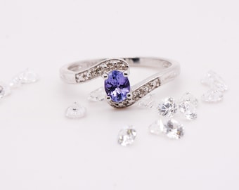 Sterling Silver 925 Tanzanite & Diamond Oval Cluster Dress Ring Size M and L
