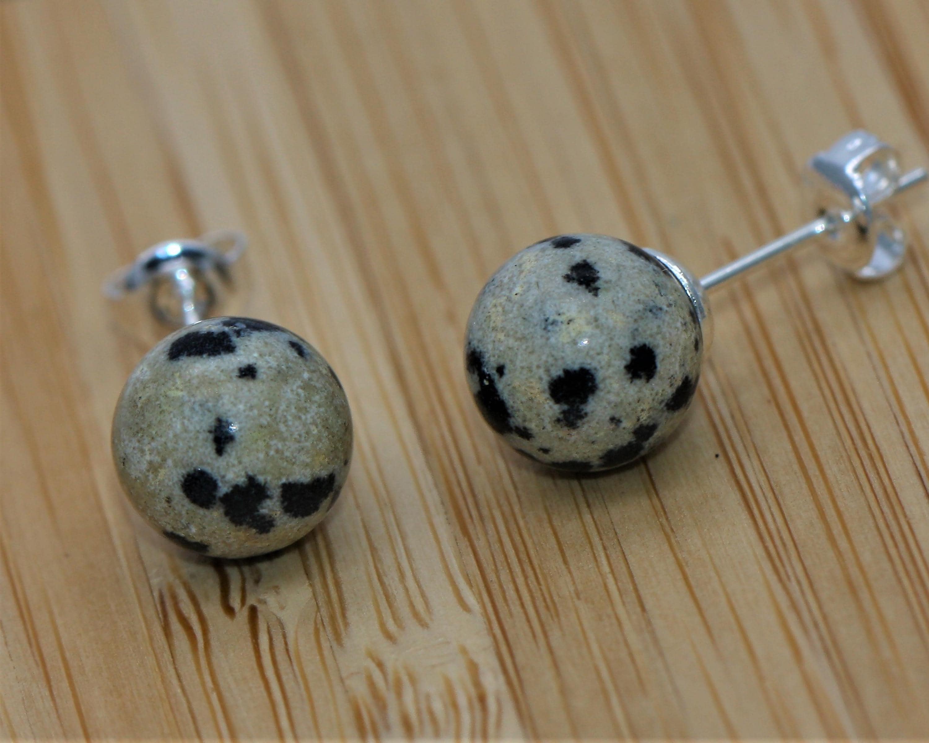 Sterling Silver Dalmatian Jasper 8mm Ball Stud Earrings & Butterfly Backs Natural British Made