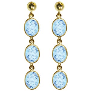 9 Karat Gelbgold Natürlicher Blauer Topas Oval Dreibettzimmer Tropfen baumelnde Bolzen-Ohrringe Hochwertige britische Schmuck