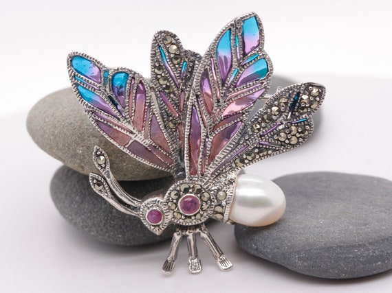 Marcasite Butterfly Brooch - Blue & Pink Marcasite Butterfly Brooch - Blue & Pink