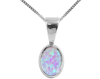 925 Sterling Silver Fiery White Opal Solitaire Single Drop Oval Pendant & Necklace British Made