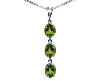 Sterling Silver Natural Peridot Triple Drop Oval Pendant & Necklace High Quality British Made Jewellery