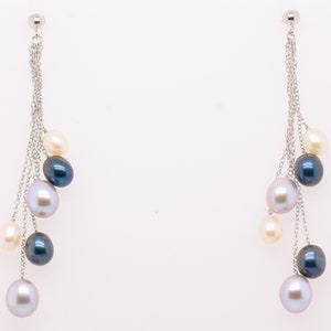 Boucles d&#39;oreilles pendantes en argent sterling avec perles bleues et blanches naturelles, bijoux de fabrication britannique de haute qualité