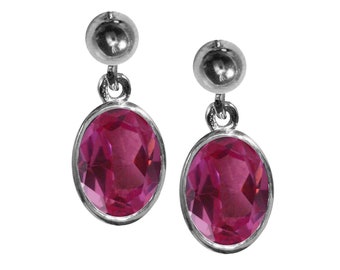 Sterling Silver Natural Pink Topaz Oval Single Drop Dangling Studs Earrings High Quality British Made Jewellery