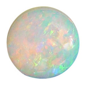 May include: A spherical opal gemstone, polished to a smooth finish. The opal has a milky white appearance, with internal flashes of colour including green, orange, and blue. The background is plain white.
