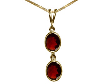 9ct Yellow Gold Natural Garnet Double Drop Oval Pendant & Necklace High Quality British Made Jewellery