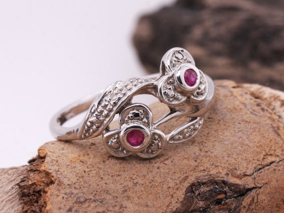 Sterling Silver 925 Natural Ruby Diamond Flower Petal Twist Ring