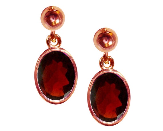 9ct Rose Gold Natural Almandine Garnet Single Drop Dangling Studs Earrings  High Quality British Made Jewellery