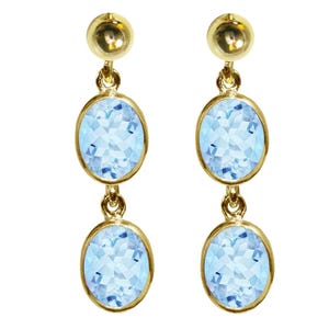 9 Karat Gelbgold Natürlicher Blauer Topas Oval Doppeltropfen Baumelnde Bolzen-Ohrringe Hochwertige britische Schmuck