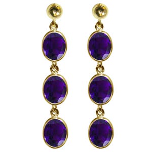 9ct Yellow Gold Natural Amethyst Oval Triple Drop Dangling Studs Earrings High Quality British Made Jewellery