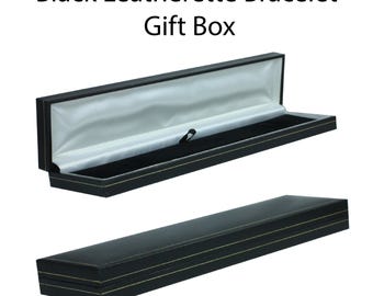 ブラックの合成皮革とベルベットのブレスレット／腕時計ジュエリーギフト用プレゼンテーションボックス（ゴールドストライプ入り）