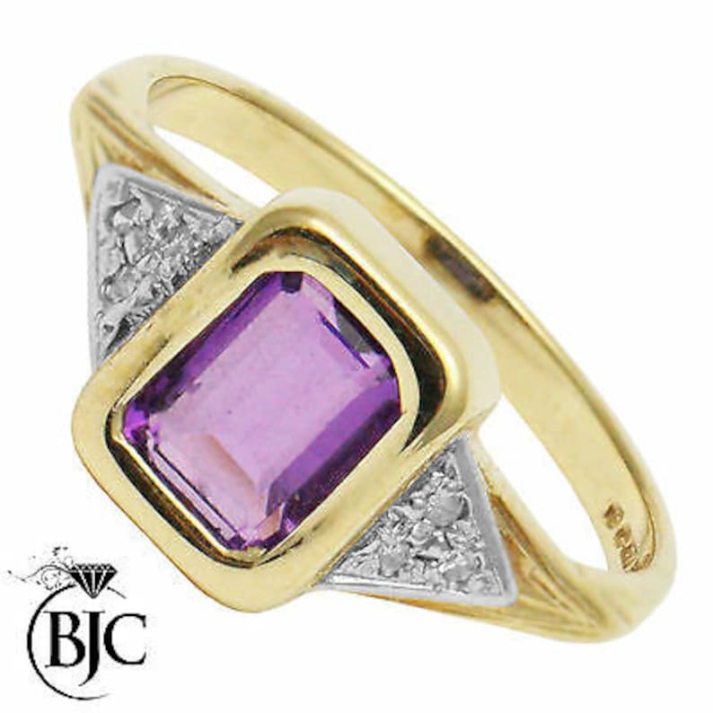 BJC\u00ae 9ct Yellow Gold Amethyst /& Diamond Emerald Shape Solitaire Ring R272 High Quality British Made Jewellery