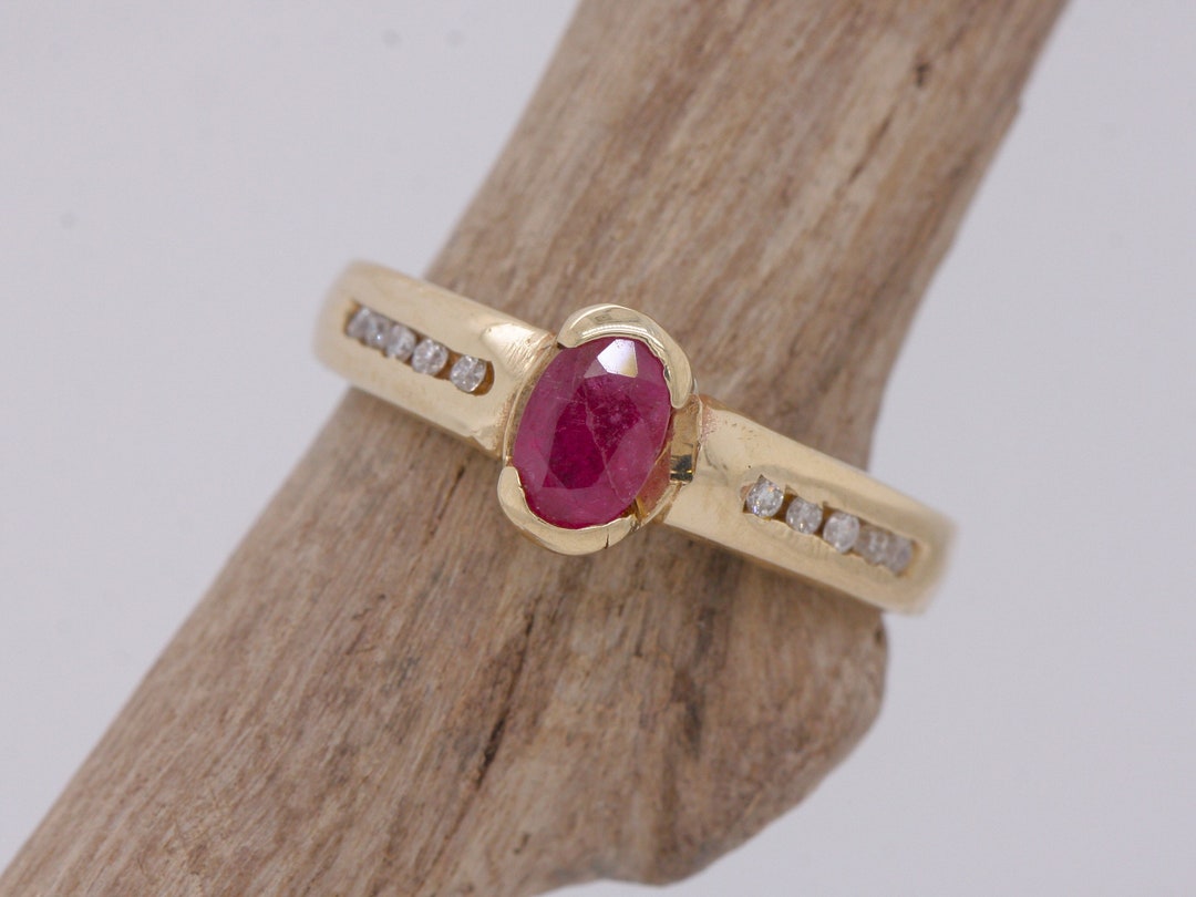 9ct Yellow Gold Ruby & Diamond Solitaire Size N Engagement Dress Ring ...