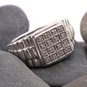 Sterling Silver Natural Diamond Large Signet Flash Designer Style Ring Size L High Quality British Made Jewellery