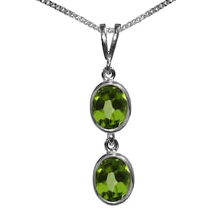 9ct White Gold Natural Peridot Double Drop Oval Pendant & Necklace High Quality British Made Jewellery