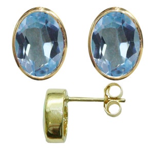 9 Karat Gelbgold Natürliche Blaue Topas Oval Ohrstecker Ohrringe 3.00ct Ohrstecker Hochwertige britische Schmuck