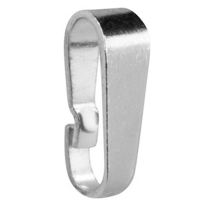 May include: Silver-toned metal pendant bail with a flat, rectangular shape and a hook on the bottom.
