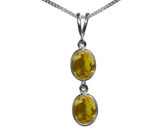9ct White Gold Natural Citrine Double Drop Oval Pendant & Necklace British Made Jewellery