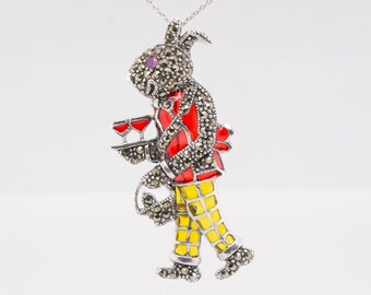Vintage Style 925 Sterling Silver Plique-à-jour Enamelled Ruby Marcasite Rabbit Waiter Brooch