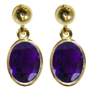 9ct Yellow Gold Natural Amethyst Oval Single Drop Dangling Studs Earrings High Quality British Made Jewellery