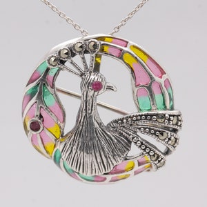 Handmade Sterling Silver Plique-à-jour Enamelled Ruby Marcasite Brooch Peacock Pendant BR58 Exceptionally High Quality Jewellery