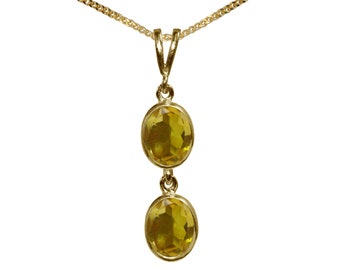 9ct Yellow Gold Natural Citrine Double Drop Oval Pendant & Necklace British Made Jewellery