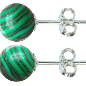 Sterling Silver Green Malachite 8mm Ball Stud Earrings With Butterfly Backs High Quality British Made Jewellery