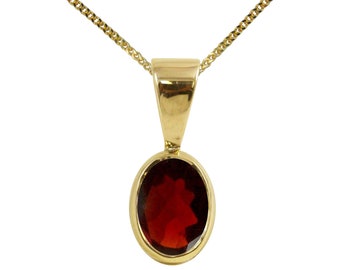 9ct Yellow Gold Natural Garnet Solitaire Single Drop Oval Pendant & Necklace High Quality British Made Jewellery